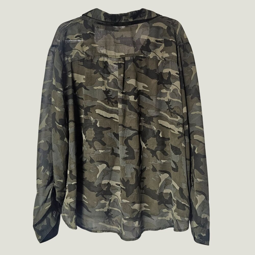 Women's Camouflage Camo Button Down Blouse Shirt Top Sheer Size 3X - Picture 2 of 6